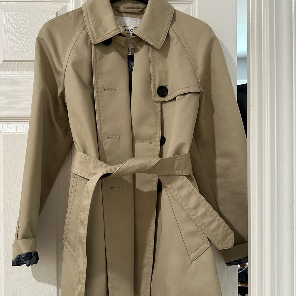 Coach Tan Trench Coat with Belt and Mid-Length Design